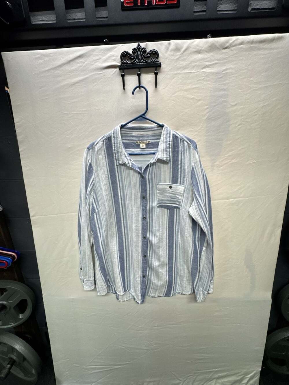 RuffHewn Women's Blue and White Striped Long Sleeve Button Down Shirt